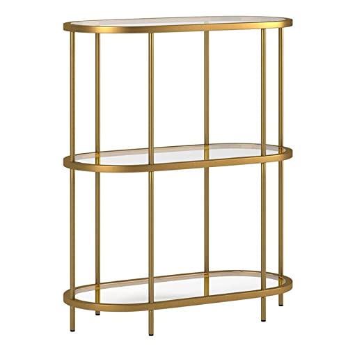 Pemberly Row Mid-Century Metal Bookcase with Glass Shelves in Brass