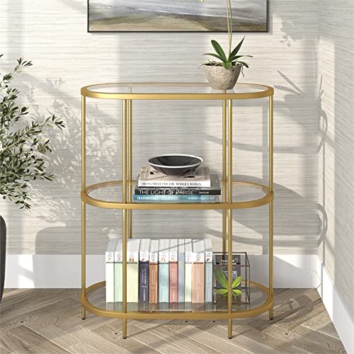 Pemberly Row Mid-Century Metal Bookcase with Glass Shelves in Brass