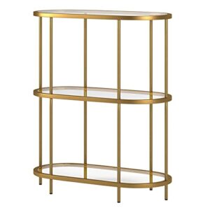 Pemberly Row Mid-Century Metal Bookcase with Glass Shelves in Brass