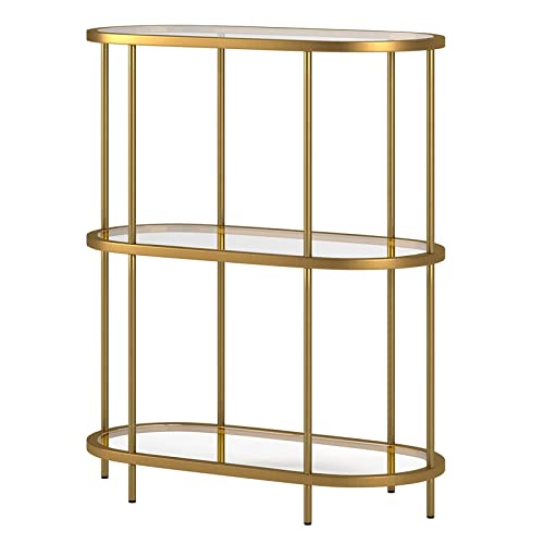 Pemberly Row Mid-Century Metal Bookcase with Glass Shelves in Brass