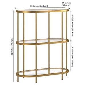 Pemberly Row Mid-Century Metal Bookcase with Glass Shelves in Brass