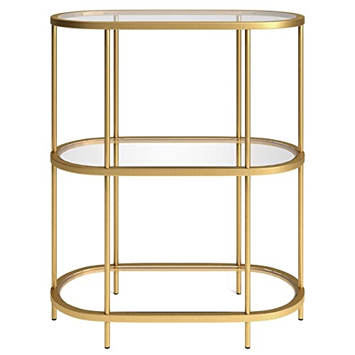 Pemberly Row Mid-Century Metal Bookcase with Glass Shelves in Brass