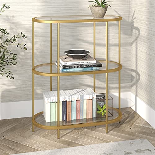 Pemberly Row Mid-Century Metal Bookcase with Glass Shelves in Brass