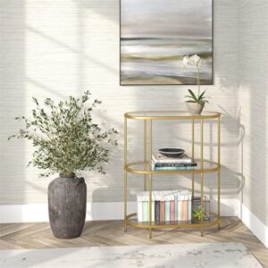 Pemberly Row Mid-Century Metal Bookcase with Glass Shelves in Brass