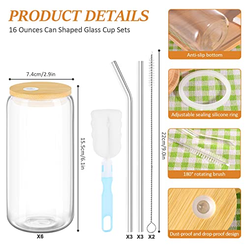 Verdenu 6 Pcs Glass Cups Set, 16oz Drinking Glasses with Lids and Glass Straws, Can shaped Iced Coffee Cup, Clear Beer Can Glass, Cute Tumbler Cup, Ideal for Gift, Homemade DIY Drink