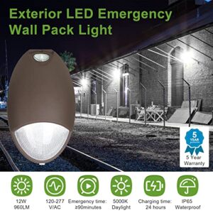 LED Emergency Wall Pack with Battery Backup and Photocell, Commercial Grade Outdoor LED Emergency Wallpack, 12W 100-277VAC UL-924 Fire Resistant IP65 Wet Location, Dark Bronze UL Listed