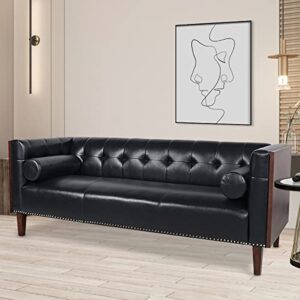 couches for living room faux leather black sofa mid century modern couch tufted 3 seater sofa 77.5'' clean lines wooden decorated square arm sofa with two bolster rolled accent pillows (black)
