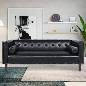 Couches for Living Room Faux Leather Black Sofa Mid Century Modern Couch Tufted 3 Seater Sofa 77.5'' Clean Lines Wooden Decorated Square Arm Sofa with Two Bolster Rolled Accent Pillows (BLACK)