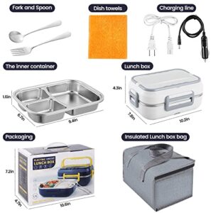 EinNana Electric Lunch Box Food Warmer for Office、Car Truck Hot Meals Boxes Heater. 60W/12/24/110V. 1.5L 3 in1 Portable Food Heating Lunch Boxes with Spoon & Fork and Thermal Bag(White)