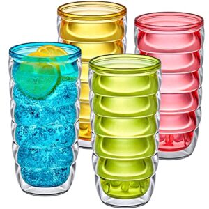 amazing abby - arctic - 24-ounce insulated plastic tumblers (set of 4), double-wall plastic drinking glasses, mixed-color high-balls, reusable plastic cups, bpa-free, shatter-proof, dishwasher-safe