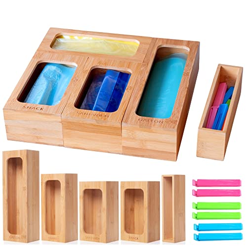 Ziplock Bag Storage Organizer -5 Bamboo Wood Container & Bag Clips, Fit Gallon Quart Sandwich Snack Zip Bags From Ziploc & All Brands, Kitchen Drawer Food Baggie Holder, Plastic Bag Slider Dispenser