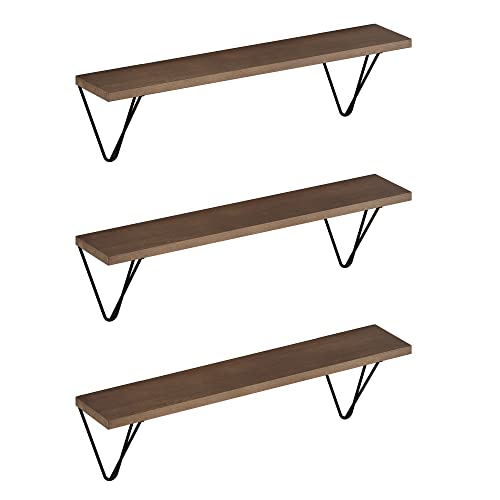 Wallniture Colmar Floating Shelves, Bookshelf for Living Room Decor, Kitchen Organization, Wall Shelves for Bedroom & Bathroom Organizer Walnut Finish 24"x4.5" Set of 3