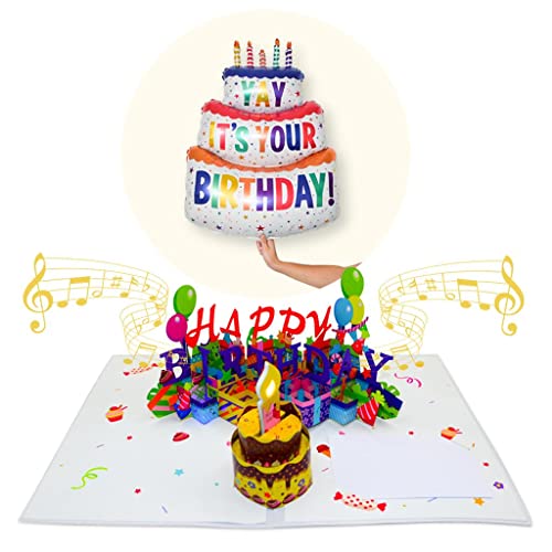 Birthday Card, Pop Up Birthday Cards with Music and Lights - Set of 3D Birthday Card and Birthday Balloon - Blow Candle and Plays "Happy Birthday" Song - 3D Pop Up Birthday Card for Kids Woman and Men - The Perfect Birthday Card with Envelope - Fun and Su