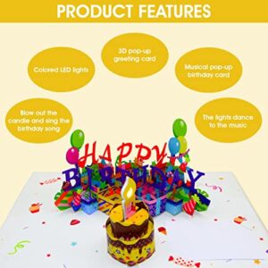 Birthday Card, Pop Up Birthday Cards with Music and Lights - Set of 3D Birthday Card and Birthday Balloon - Blow Candle and Plays "Happy Birthday" Song - 3D Pop Up Birthday Card for Kids Woman and Men - The Perfect Birthday Card with Envelope - Fun and Su