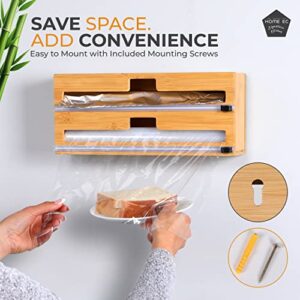 Home EC Foil and Plastic Wrap Organizer - Plastic Wrap Dispenser with Cutter, aluminum foil dispenser, aluminum foil organization and storage, Bamboo plastic saran wrap dispenser with cutter, 12" Roll