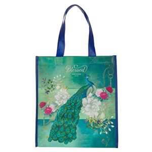 christian art gifts floral peacock reusable multicolor shopping tote bag for women: blessed - jer. 17:7 scripture, easy-hold, durable, collapsible handbag for groceries, books, supplies, blue/green