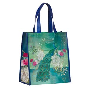 Christian Art Gifts Floral Peacock Reusable Multicolor Shopping Tote Bag for Women: Blessed - Jer. 17:7 Scripture, Easy-hold, Durable, Collapsible Handbag for Groceries, Books, Supplies, Blue/Green