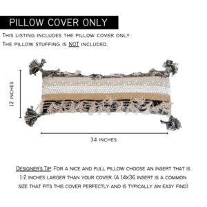 CASA BOHO Cover Decorative lumbar , throw pillow for Bed Long Pillow for Couch Bolster Pillow Boho Room Decor Pom Pom , 12x34 Black Tan