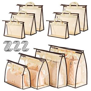 uizokequq 10 pack dust bag for handbag - 4 sizes clear purse storage organizer for closet, hanging zipper closet organizers and storage, beige