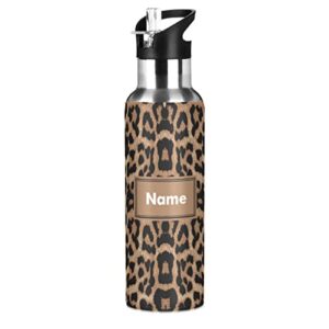 custom name water bottle handle straw lid vacuum insulated stainless steel thermos water bottle cheeteh leopard print leak proof sports coffee maker cup