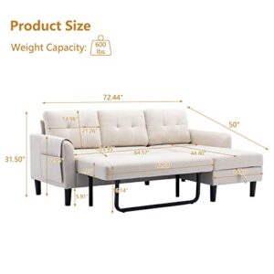 CALABASH Couch with Pull Out Bed, L Shaped Sleeper Sectional Sofa Bed with Storage, 3 Seater Couch and Reversible Chaise for Living Room Furniture Set (Beige)