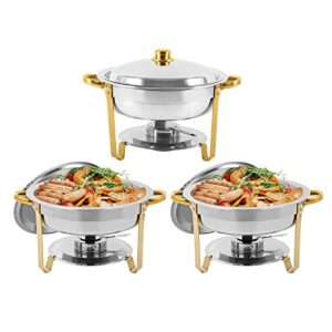 restlrious chafing dish buffet set round stainless steel 5qt chafers and buffet warmers sets for catering, complete set with water pan, food pan, fuel holder and lid in gold accents, 3 pack