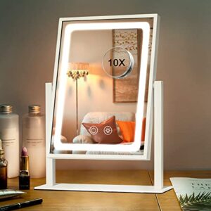 ibrightso vanity mirror with lights, lighted hollywood makeup mirror, touch dimmable 3 color lights, detachable 10x magnification mirror, 360° rotation(12inches, white)