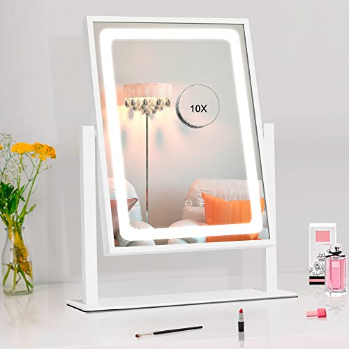 IBRIGHTSO Vanity Mirror with Lights, Lighted Hollywood Makeup Mirror, Touch Dimmable 3 Color Lights, Detachable 10X Magnification Mirror, 360° Rotation(12inches, White)