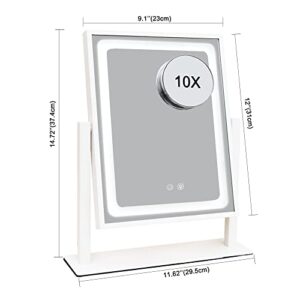 IBRIGHTSO Vanity Mirror with Lights, Lighted Hollywood Makeup Mirror, Touch Dimmable 3 Color Lights, Detachable 10X Magnification Mirror, 360° Rotation(12inches, White)