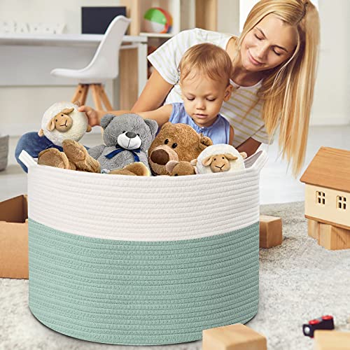 MXMHOME Large Woven Rope Basket With Handles Basket for Blankets for Living Room Large Baby Cat Dog Toy Storage Basket Wicker Woven Big Round Laundry Basket Hamper (23.6”x14.1”), XXXL, Green