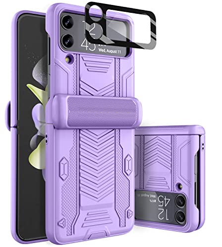 Viaotaily Armor Case for Samsung Galaxy Z Flip 4, Built-in Lens Camera Protector & Hinge Protection, Shockproof Heavy Duty Full-Body Rugged Protective Case for Samsung Galaxy Z Flip 4 5G 2022 (Purple)