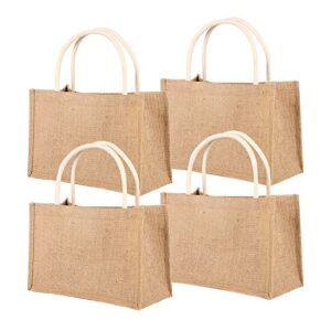 4 pack medium burlap tote bags with handle, 12.6"x8.7"x5.3" reusable jute beach bags blank grocery tote bulk, canvas gift bag for bridesmaid wedding, diy, women market grocery shopping