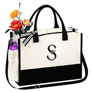 aunool initial tote bag with zipper and pockets birthday gifts for women canvas beach bag with strap personalized present bag for wedding christmas holiday bridal shower gift bridesmaid gifts letter s