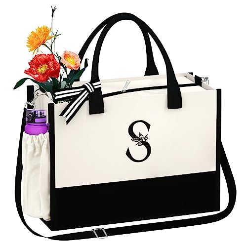 AUNOOL Initial Tote Bag with Zipper and Pockets Birthday Gifts for Women Canvas Beach Bag with Strap Personalized Present Bag for Wedding Christmas Holiday Bridal Shower Gift Bridesmaid Gifts Letter S