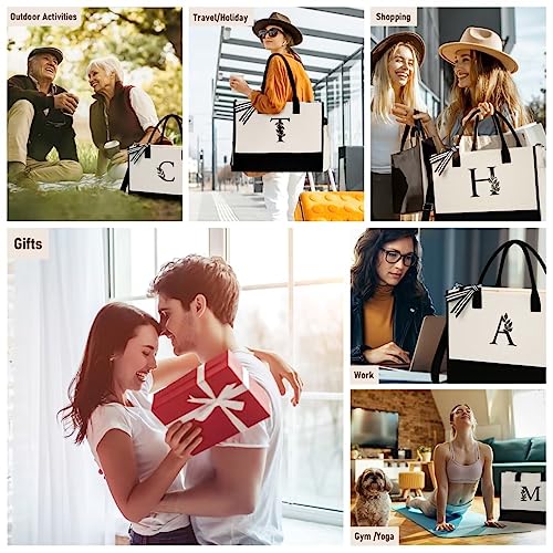 AUNOOL Initial Tote Bag with Zipper and Pockets Birthday Gifts for Women Canvas Beach Bag with Strap Personalized Present Bag for Wedding Christmas Holiday Bridal Shower Gift Bridesmaid Gifts Letter S