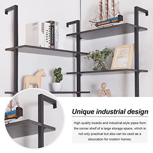 HOMISSUE Bookshelf,12-Tier L Shaped Bookshelf, Double Wide Corner Wall Mount Shelf with Metal Frame and Wood,Modern Industrial Corner Shelf for Living Room, Kitchen, Home Office Grey