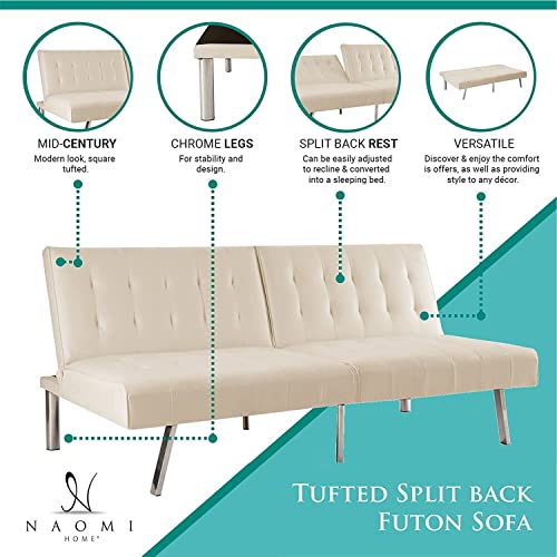 Naomi Home Split Back Faux Leather Leather Futon Sofa (Split Back with Armrest, Cream)