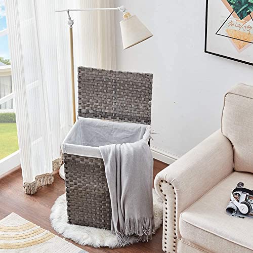 GREENSTELL Laundry Hamper with 2 Removable Liner Bags, Divided Clothes Hamper, 110L Handwoven Synthetic Rattan Laundry Basket with Lid and Handles, Foldable & Easy to Install Gray 22.2x13.3x24 Inches