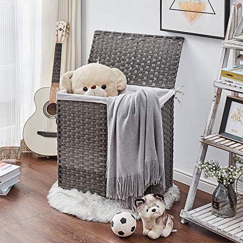 GREENSTELL Laundry Hamper with 2 Removable Liner Bags, Divided Clothes Hamper, 110L Handwoven Synthetic Rattan Laundry Basket with Lid and Handles, Foldable & Easy to Install Gray 22.2x13.3x24 Inches