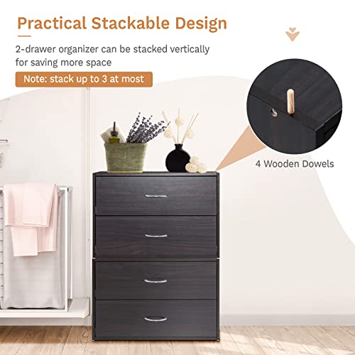 Giantex Stackable 2-Drawer Dressers for Bedroom - Short Dresser Two Drawer Storage Cabinet w/Handles & Anti-Topping Device, Small Dresser Chest of 2 Drawers for Closet Bedroom (2, Espresso)