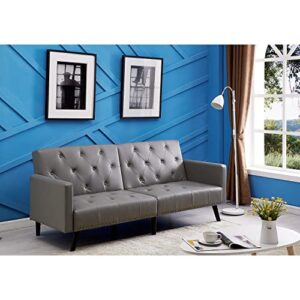 naomi home split back faux leather leather futon sofa (split back with armrest, gray)
