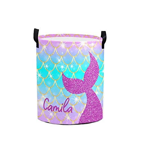 Mermaid Scale Purple Blue Gold Personalized Laundry Basket Clothes Hamper with Handles Waterproof ,Collapsible Laundry Storage Baskets for Bathroom,Bedroom Decorative 19.7"Hx14.2"D