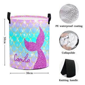 Mermaid Scale Purple Blue Gold Personalized Laundry Basket Clothes Hamper with Handles Waterproof ,Collapsible Laundry Storage Baskets for Bathroom,Bedroom Decorative 19.7"Hx14.2"D