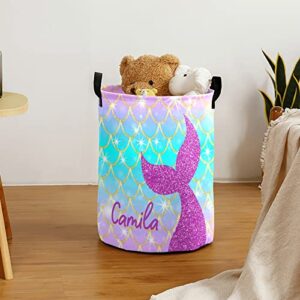 Mermaid Scale Purple Blue Gold Personalized Laundry Basket Clothes Hamper with Handles Waterproof ,Collapsible Laundry Storage Baskets for Bathroom,Bedroom Decorative 19.7"Hx14.2"D