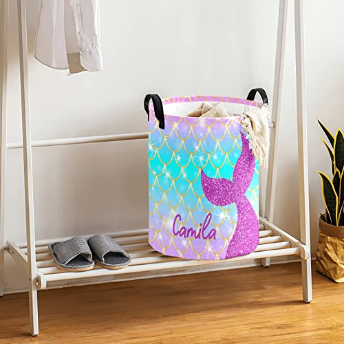 Mermaid Scale Purple Blue Gold Personalized Laundry Basket Clothes Hamper with Handles Waterproof ,Collapsible Laundry Storage Baskets for Bathroom,Bedroom Decorative 19.7"Hx14.2"D