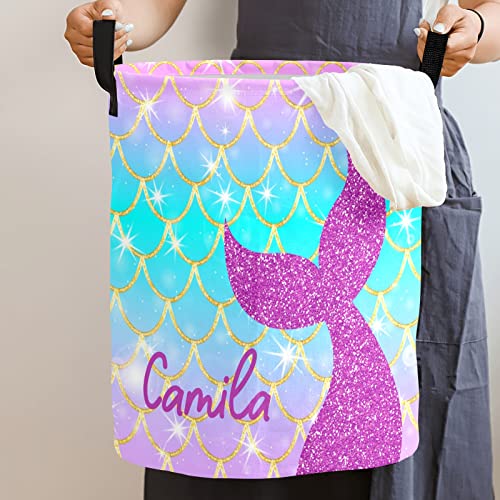 Mermaid Scale Purple Blue Gold Personalized Laundry Basket Clothes Hamper with Handles Waterproof ,Collapsible Laundry Storage Baskets for Bathroom,Bedroom Decorative 19.7"Hx14.2"D