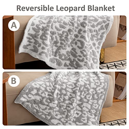 Fluffy Leopard Knitted Throw Blanket Ultra Soft Reversible Grey White Cheetah Printed Bed Blanket Cozy Warm Micro Plush Blanket for Couch Bed Sofa (Grey, 51"x63")