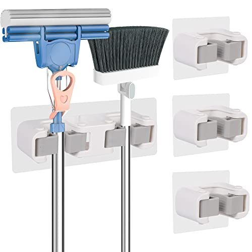 Arrozon Broom Holder Wall Mount,4 Pcs Mop and Broom Organizer Wall Mounted Self Adhesive Heavy Duty Broom Hanger and Mop Grippers for Kitchen, Bathroom, Closet, Garden Garage (White)