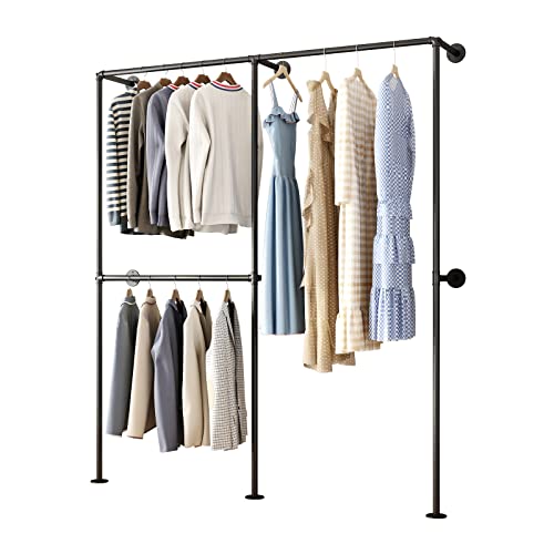 DR.IRON Industrial Pipe Clothing Racks with Double Bar, Industrial Black Clothes Racks Wall Mounted, Heavy Duty Closet Rods for Hanging Clothes Organizer Storage