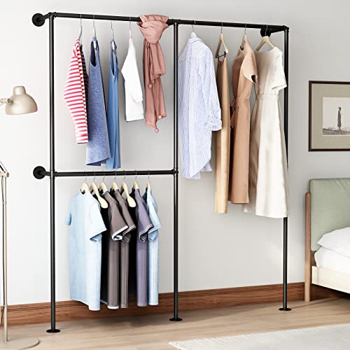 DR.IRON Industrial Pipe Clothing Racks with Double Bar, Industrial Black Clothes Racks Wall Mounted, Heavy Duty Closet Rods for Hanging Clothes Organizer Storage